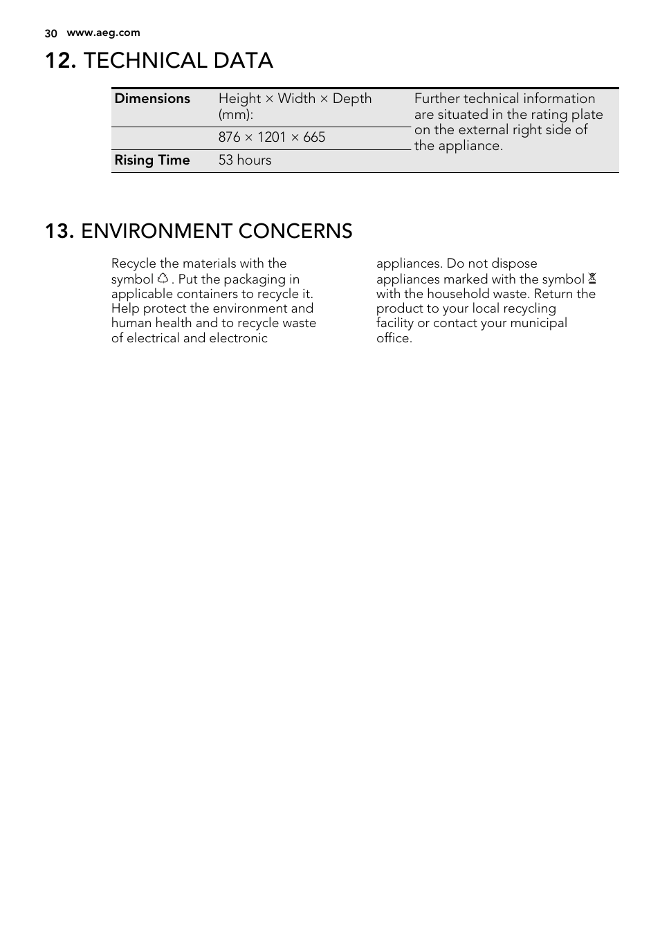 Technical data, Environment concerns | AEG A62700HLW0 User Manual | Page 30 / 64