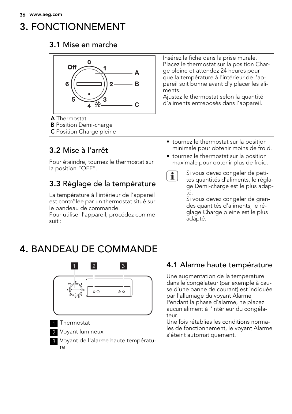 Fonctionnement, Bandeau de commande, 1 mise en marche | 2 mise à l'arrêt, 3 réglage de la température, 1 alarme haute température | AEG A62700HLW0 User Manual | Page 36 / 64