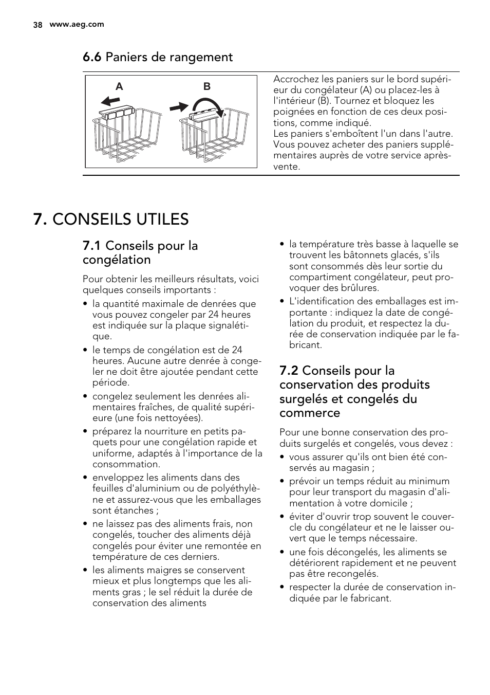Conseils utiles, 6 paniers de rangement, 1 conseils pour la congélation | AEG A62700HLW0 User Manual | Page 38 / 64