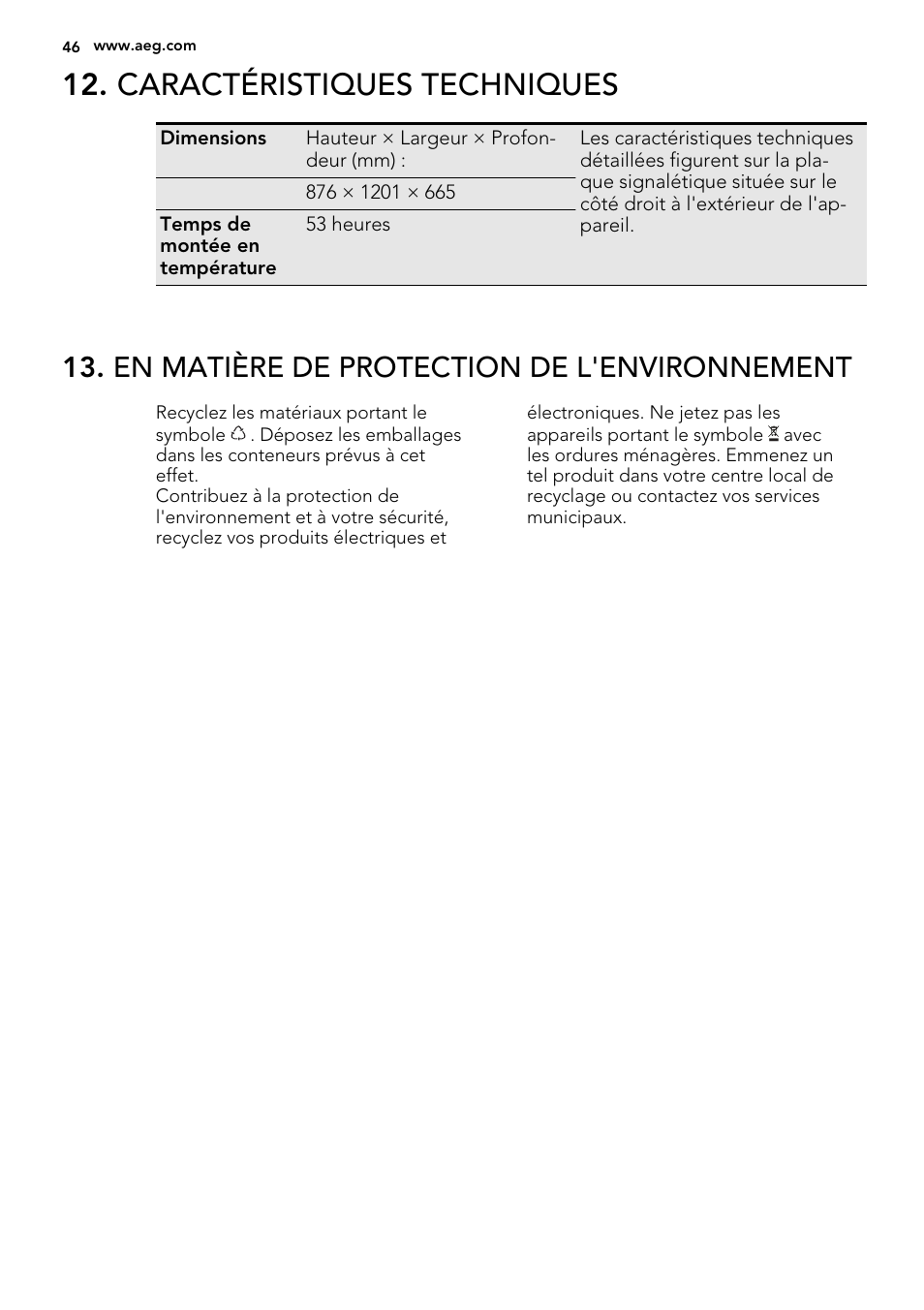 Caractéristiques techniques, En matière de protection de l'environnement | AEG A62700HLW0 User Manual | Page 46 / 64