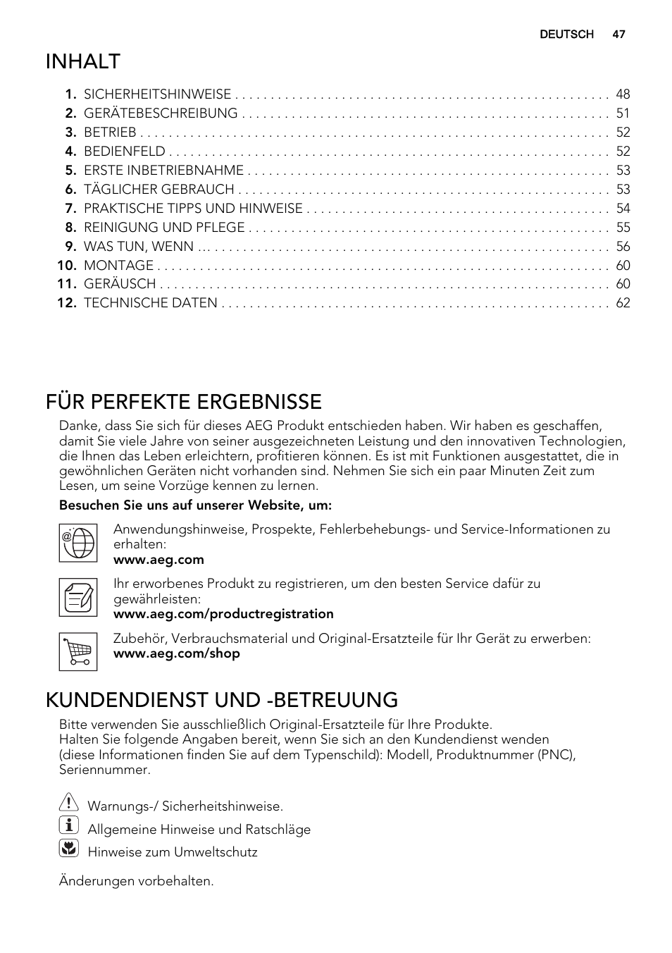 Inhalt, Für perfekte ergebnisse, Kundendienst und -betreuung | AEG A62700HLW0 User Manual | Page 47 / 64