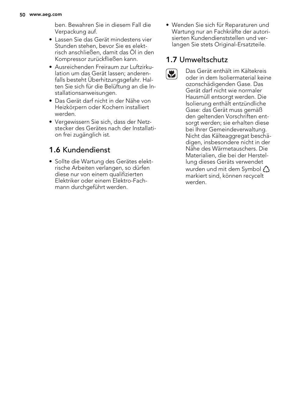 6 kundendienst, 7 umweltschutz | AEG A62700HLW0 User Manual | Page 50 / 64