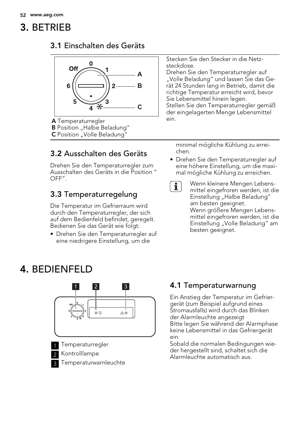 Betrieb, Bedienfeld, 1 einschalten des geräts | 2 ausschalten des geräts, 3 temperaturregelung, 1 temperaturwarnung | AEG A62700HLW0 User Manual | Page 52 / 64