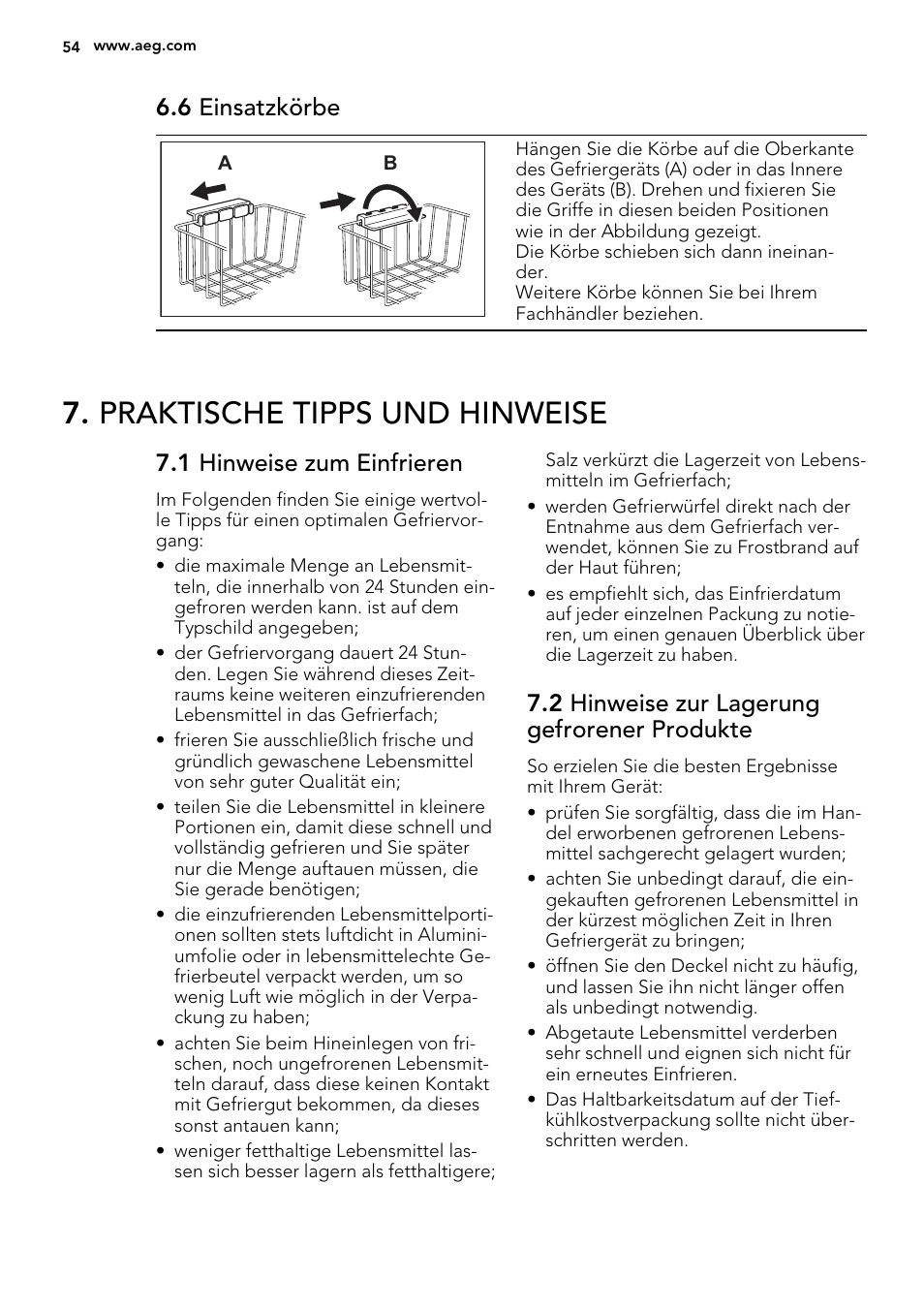 Praktische tipps und hinweise, 6 einsatzkörbe, 1 hinweise zum einfrieren | 2 hinweise zur lagerung gefrorener produkte | AEG A62700HLW0 User Manual | Page 54 / 64