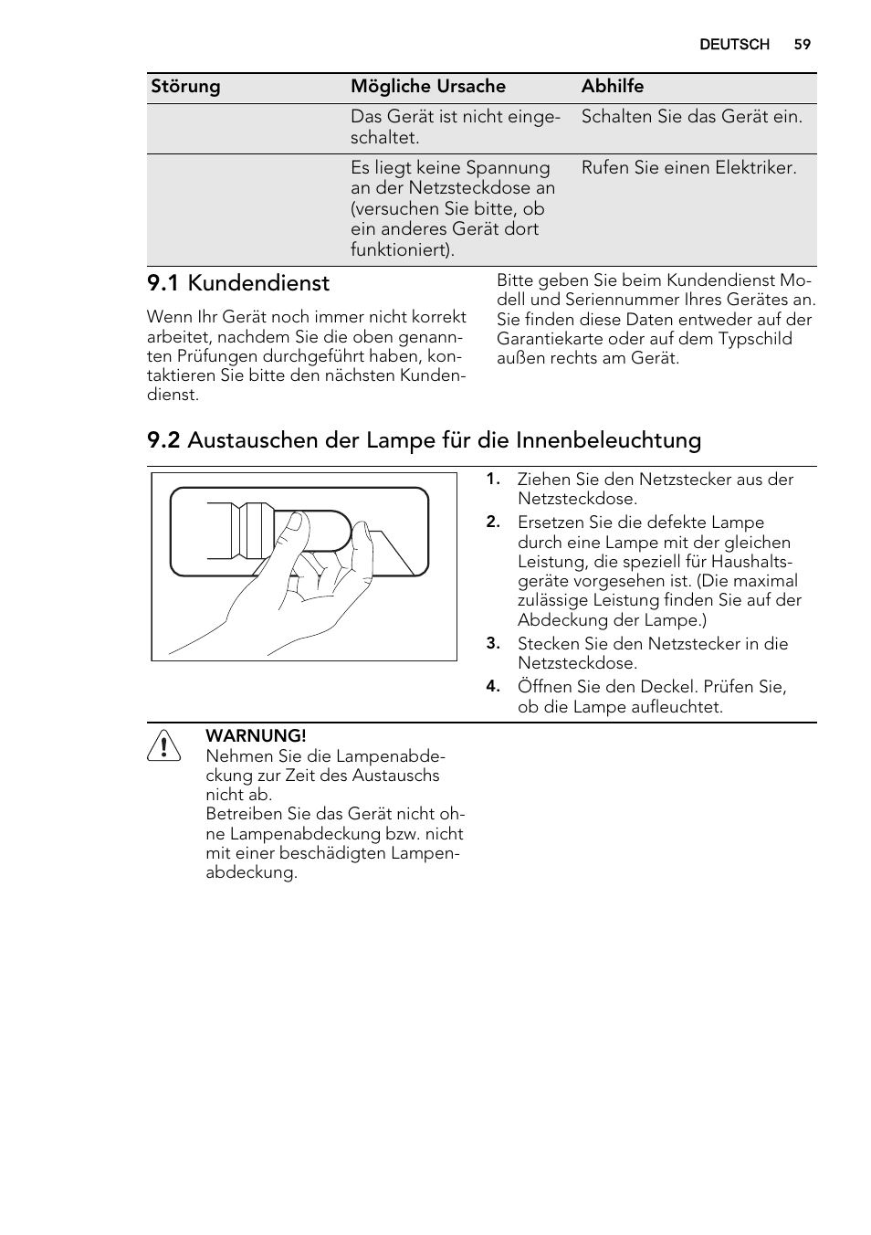 1 kundendienst, 2 austauschen der lampe für die innenbeleuchtung | AEG A62700HLW0 User Manual | Page 59 / 64