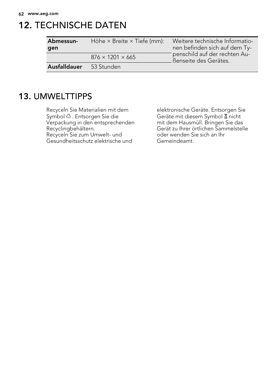 Technische daten, Umwelttipps | AEG A62700HLW0 User Manual | Page 62 / 64
