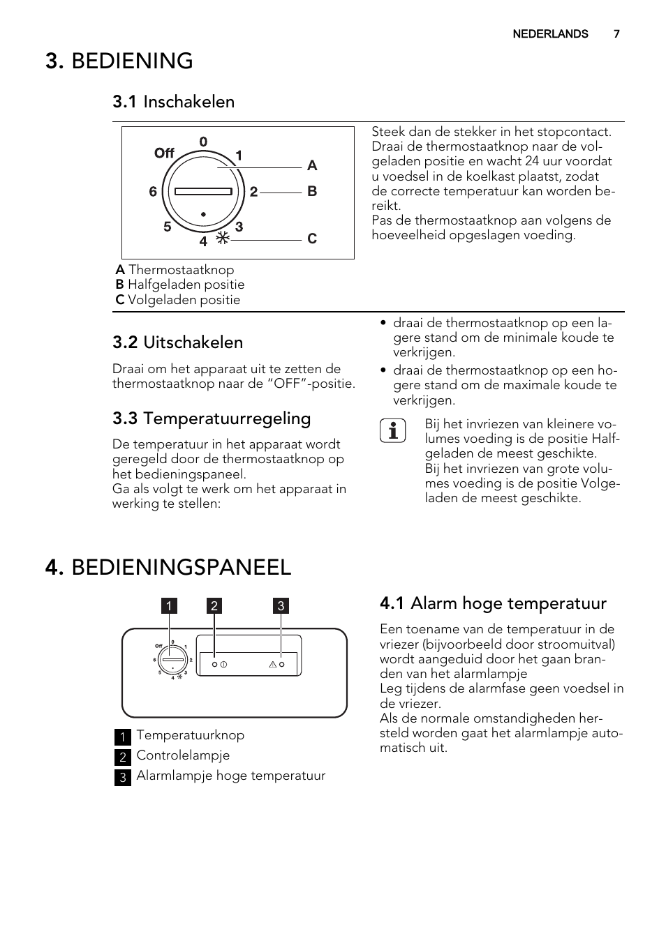 Bediening, Bedieningspaneel, 1 inschakelen | 2 uitschakelen, 3 temperatuurregeling, 1 alarm hoge temperatuur | AEG A62700HLW0 User Manual | Page 7 / 64
