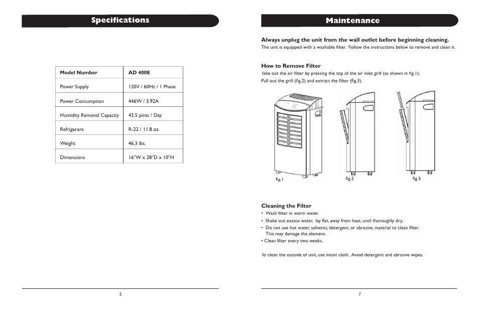 Specifications, Maintenance | Amcor AD 400E User Manual | Page 4 / 6