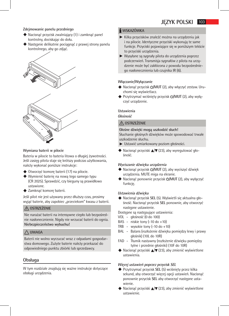 Język polski, Obsługa | AEG AR 4021 BT User Manual | Page 103 / 114