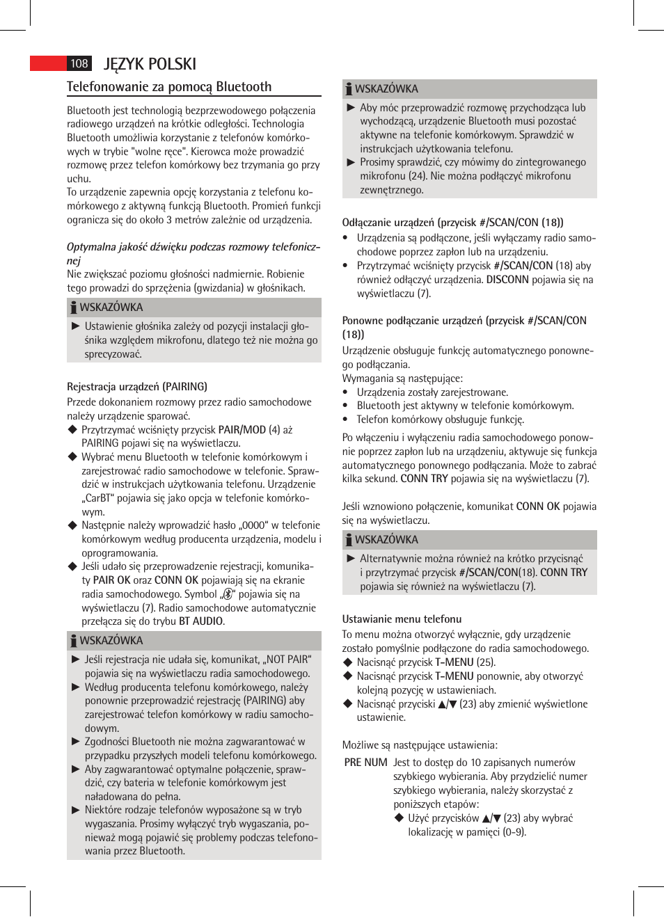 Język polski, Telefonowanie za pomocą bluetooth | AEG AR 4021 BT User Manual | Page 108 / 114