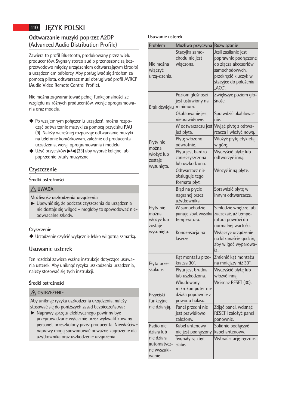 Język polski, Czyszczenie, Usuwanie usterek | AEG AR 4021 BT User Manual | Page 110 / 114