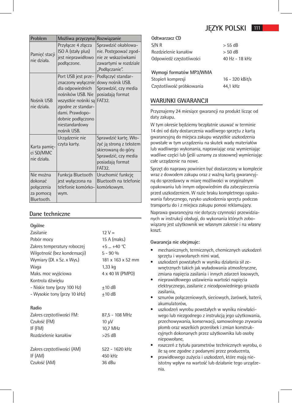 Język polski, Dane techniczne, Warunki gwarancji | AEG AR 4021 BT User Manual | Page 111 / 114