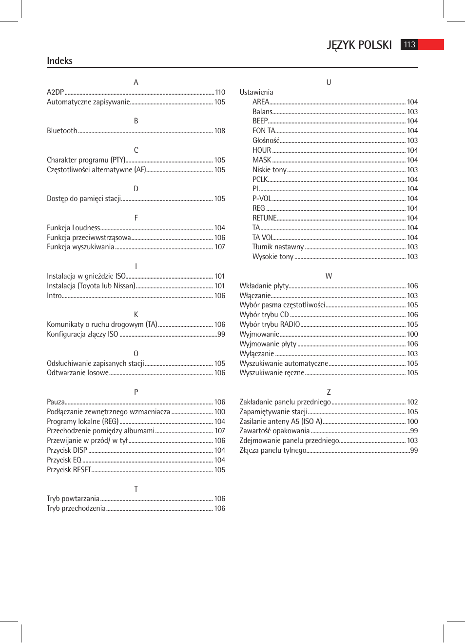 Język polski, Indeks | AEG AR 4021 BT User Manual | Page 113 / 114