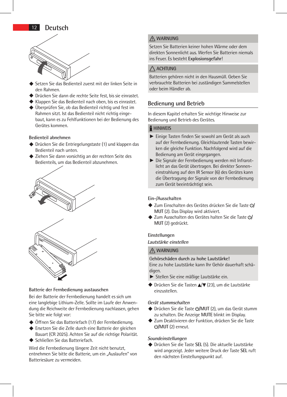 Deutsch, Bedienung und betrieb | AEG AR 4021 BT User Manual | Page 12 / 114