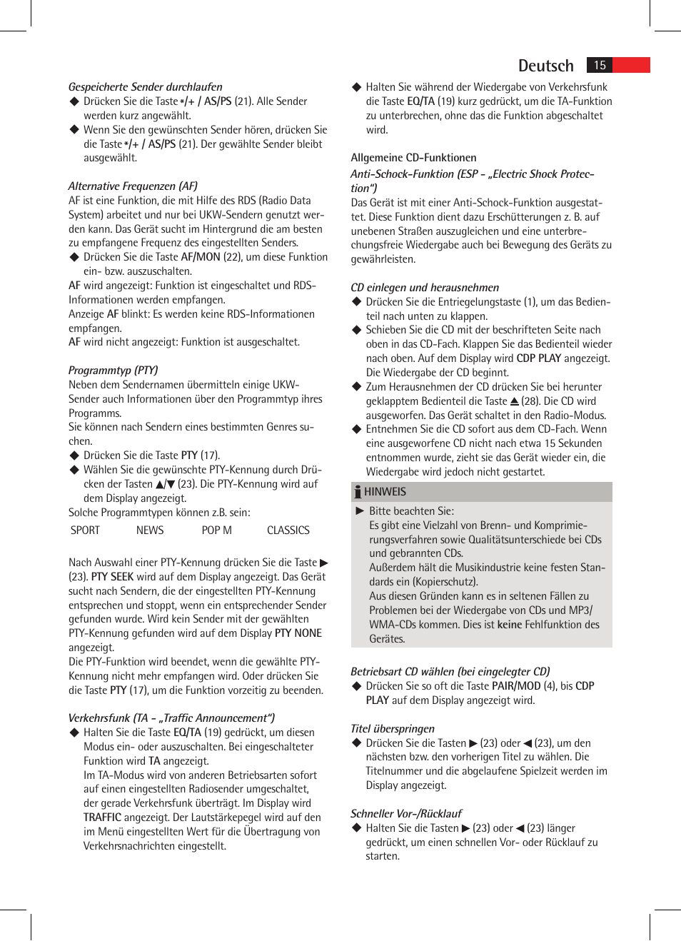 Deutsch | AEG AR 4021 BT User Manual | Page 15 / 114