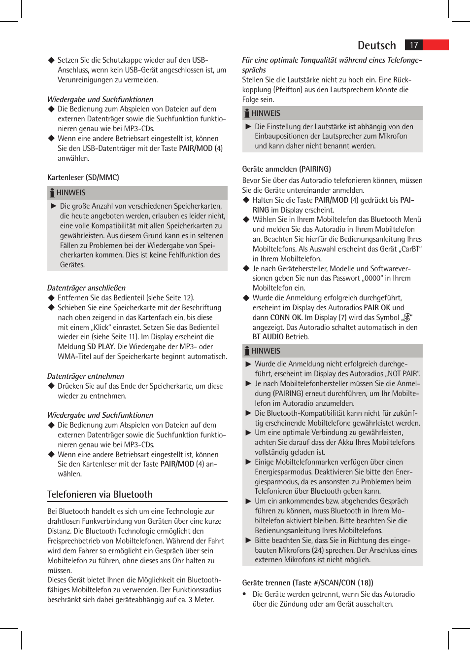Deutsch, Telefonieren via bluetooth | AEG AR 4021 BT User Manual | Page 17 / 114