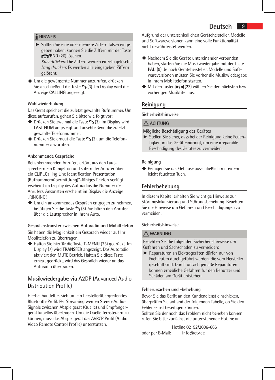 Deutsch, Reinigung, Fehlerbehebung | AEG AR 4021 BT User Manual | Page 19 / 114