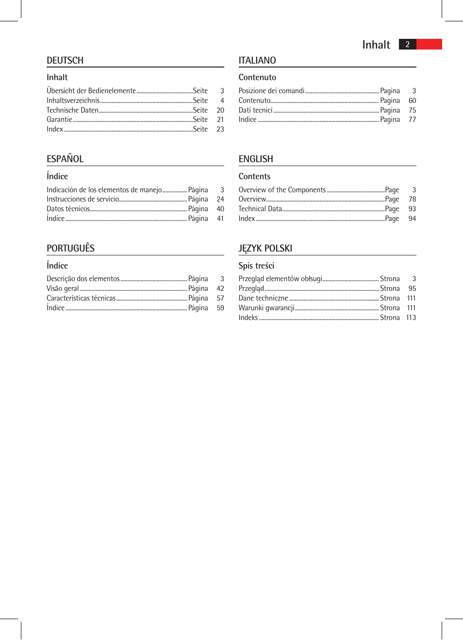 Inhalt, Deutsch, Español | Português, Italiano, English, Język polski | AEG AR 4021 BT User Manual | Page 2 / 114