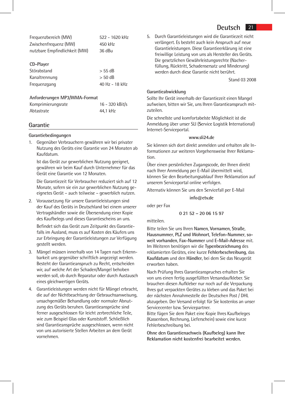 Deutsch, Garantie | AEG AR 4021 BT User Manual | Page 21 / 114