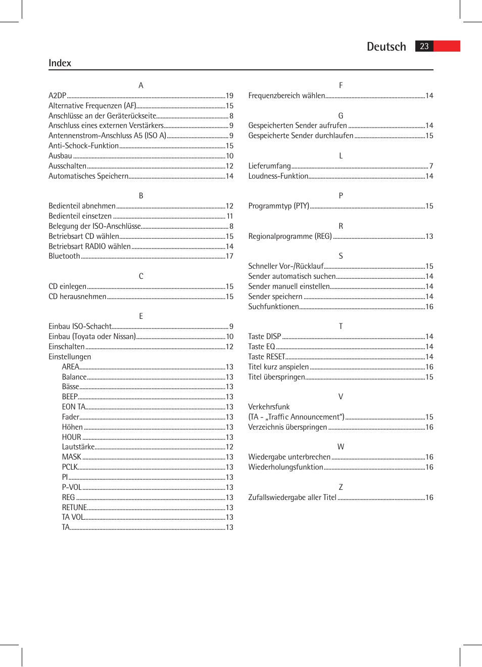 Deutsch, Index | AEG AR 4021 BT User Manual | Page 23 / 114