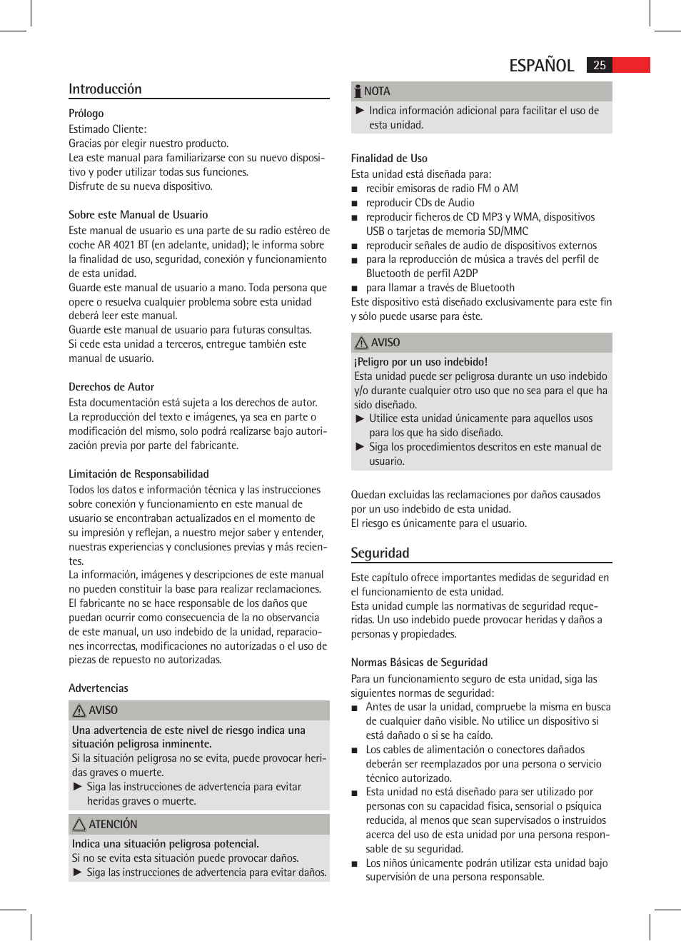 Español, Introducción, Seguridad | AEG AR 4021 BT User Manual | Page 25 / 114