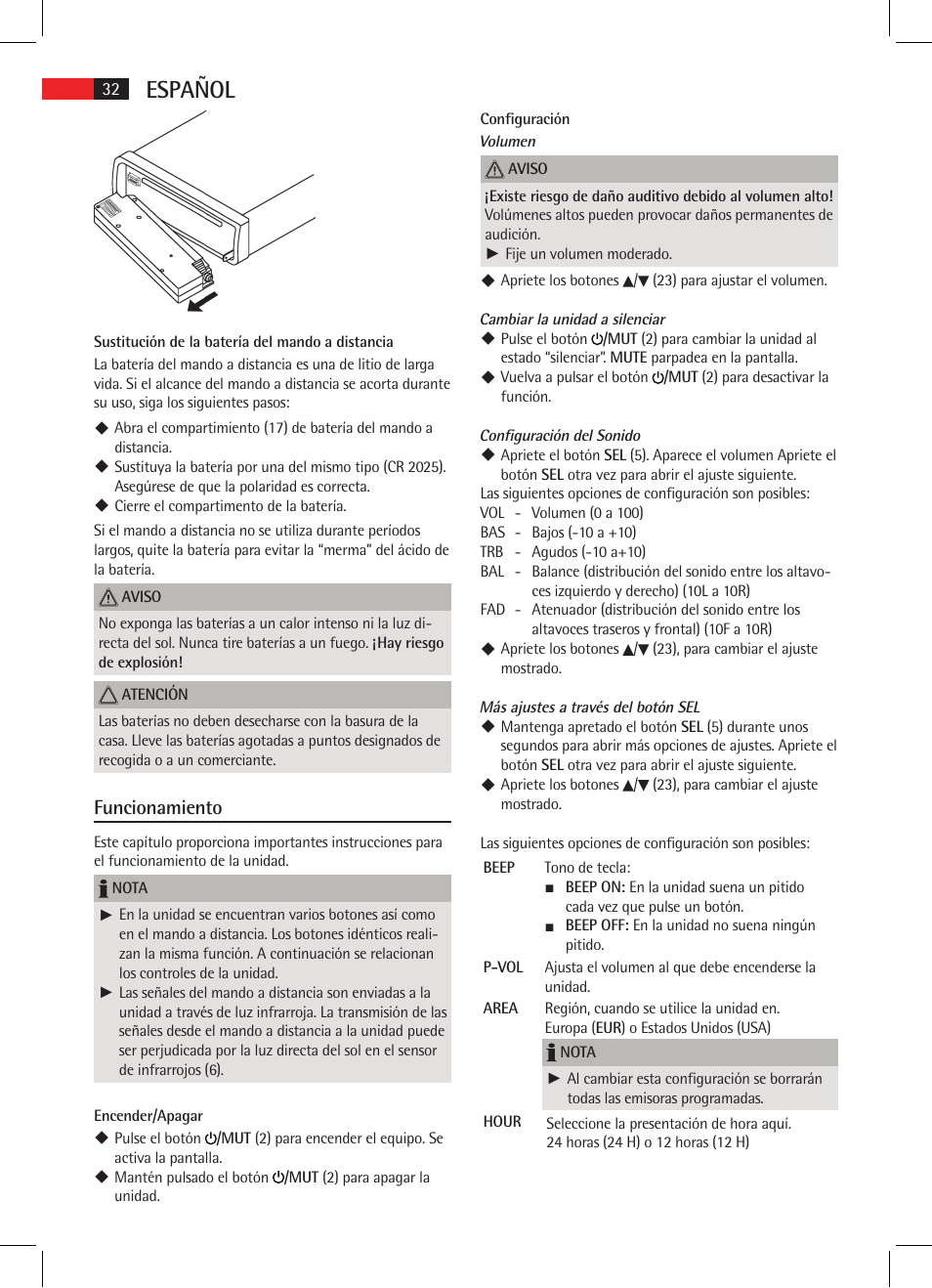 Español, Funcionamiento | AEG AR 4021 BT User Manual | Page 32 / 114