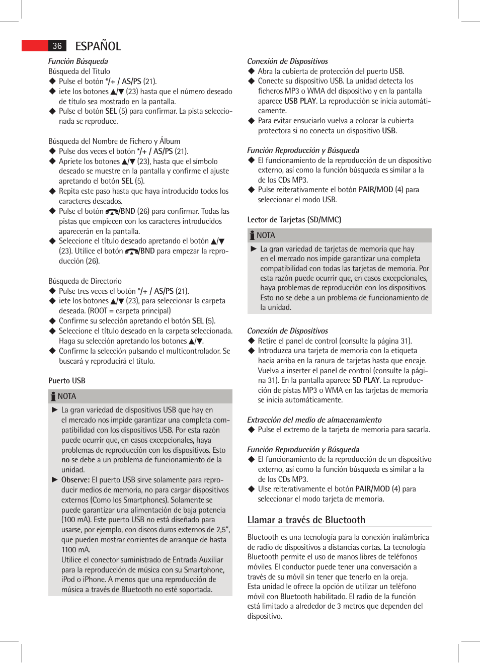 Español, Llamar a través de bluetooth | AEG AR 4021 BT User Manual | Page 36 / 114