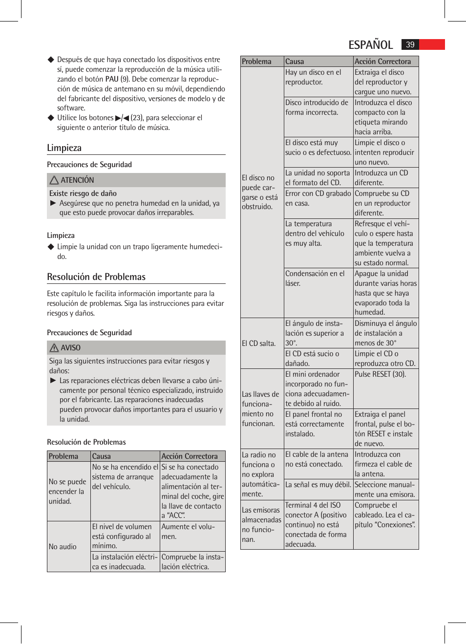 Español, Limpieza, Resolución de problemas | AEG AR 4021 BT User Manual | Page 39 / 114