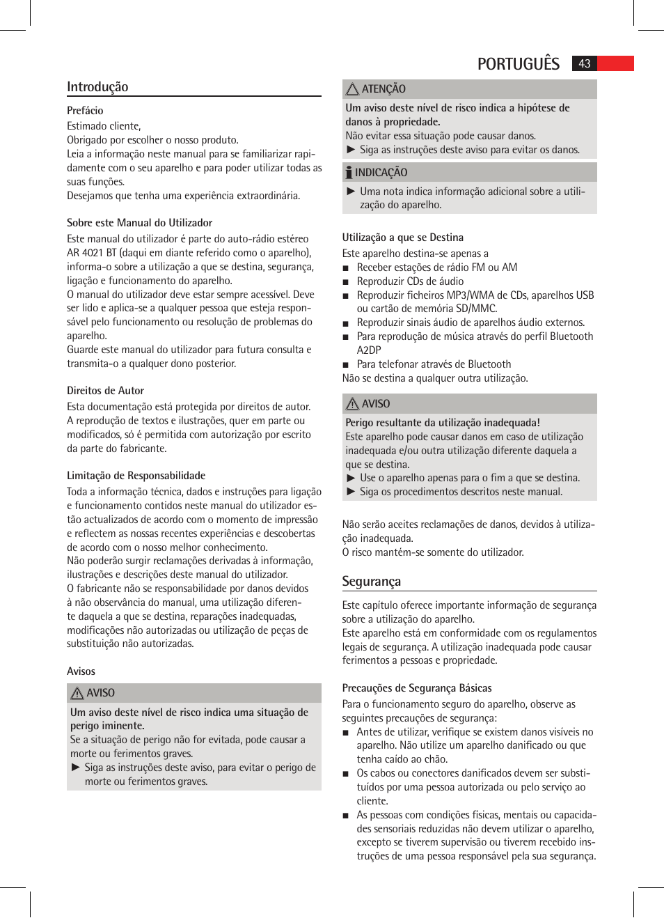 Português, Introdução, Segurança | AEG AR 4021 BT User Manual | Page 43 / 114