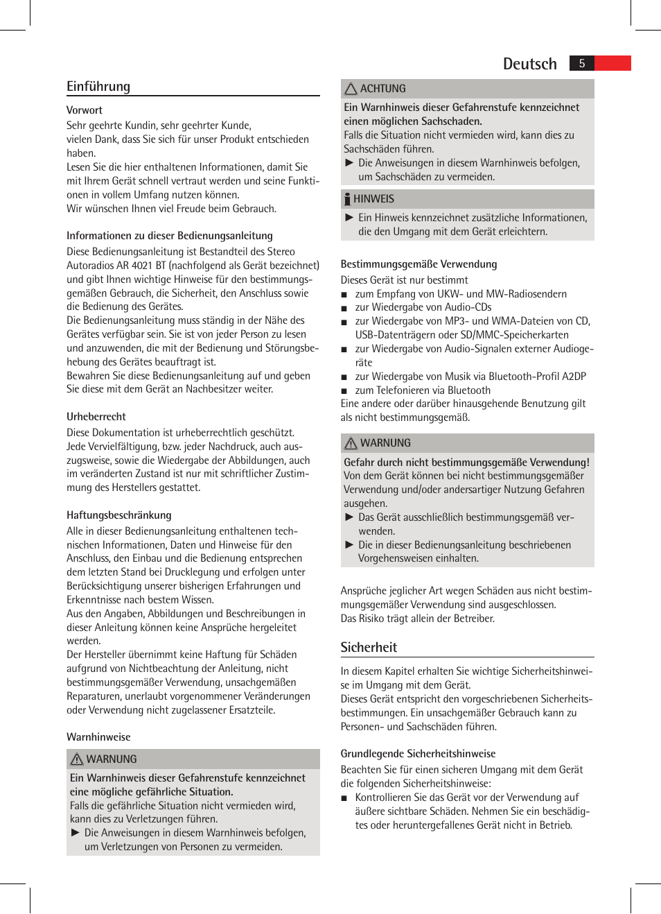 Deutsch, Einführung, Sicherheit | AEG AR 4021 BT User Manual | Page 5 / 114