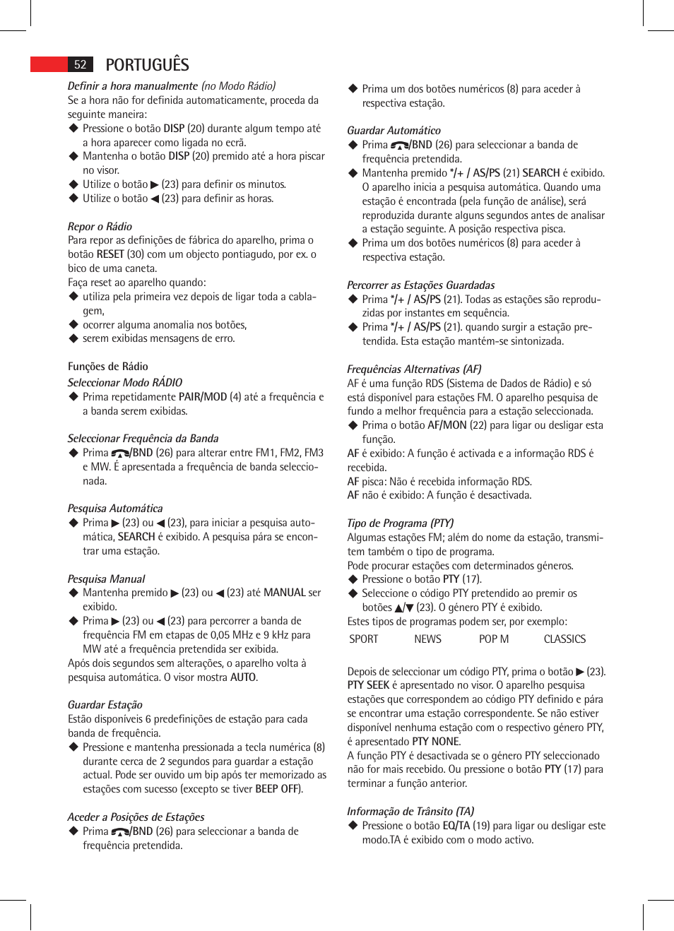 Português | AEG AR 4021 BT User Manual | Page 52 / 114