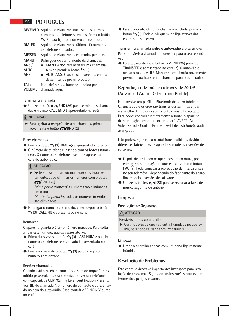 Português, Limpeza, Resolução de problemas | AEG AR 4021 BT User Manual | Page 56 / 114