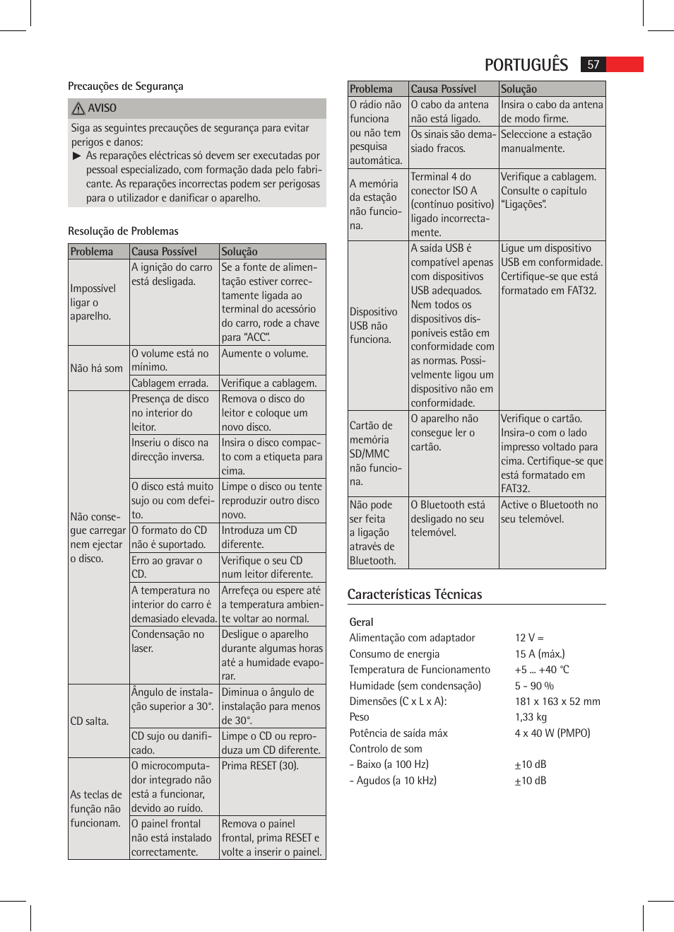 Português, Características técnicas | AEG AR 4021 BT User Manual | Page 57 / 114