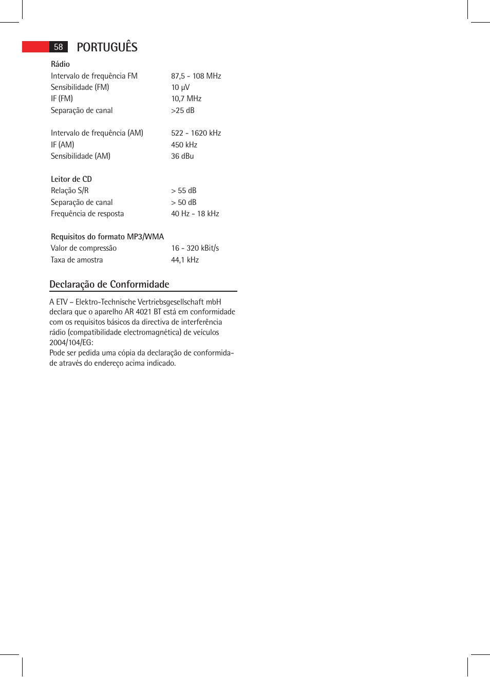 Português, Declaração de conformidade | AEG AR 4021 BT User Manual | Page 58 / 114