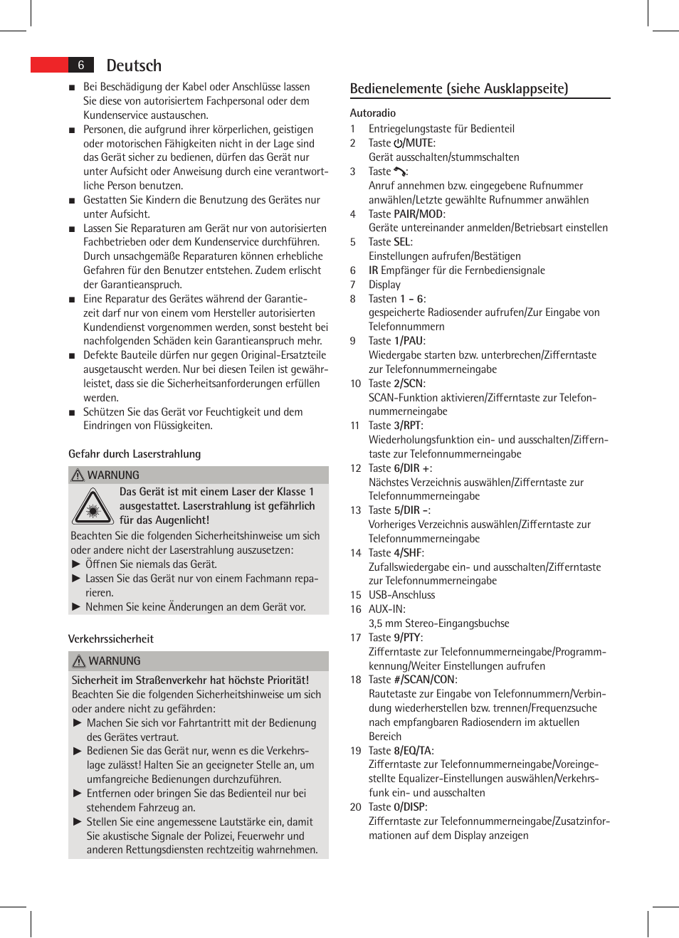 Deutsch, Bedienelemente (siehe ausklappseite) | AEG AR 4021 BT User Manual | Page 6 / 114