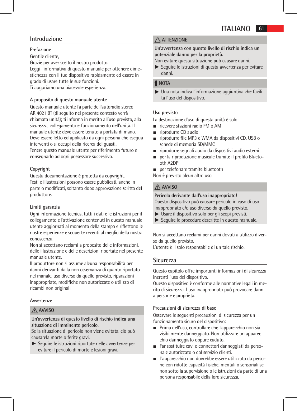 Italiano, Introduzione, Sicurezza | AEG AR 4021 BT User Manual | Page 61 / 114