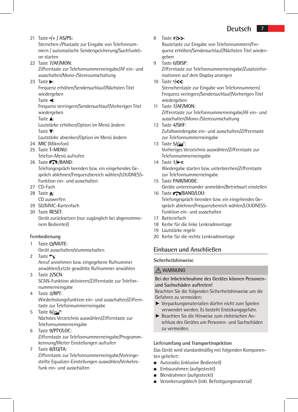 Deutsch, Einbauen und anschließen | AEG AR 4021 BT User Manual | Page 7 / 114