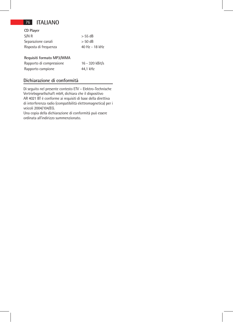 Italiano | AEG AR 4021 BT User Manual | Page 76 / 114