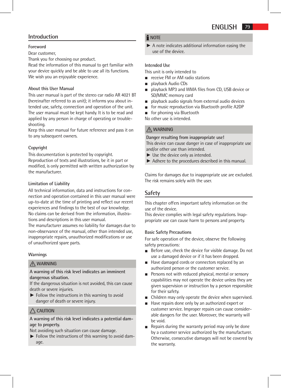 English, Introduction, Safety | AEG AR 4021 BT User Manual | Page 79 / 114