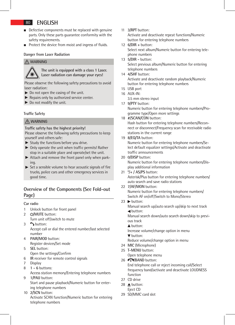 English, Overview of the components (see fold-out page) | AEG AR 4021 BT User Manual | Page 80 / 114