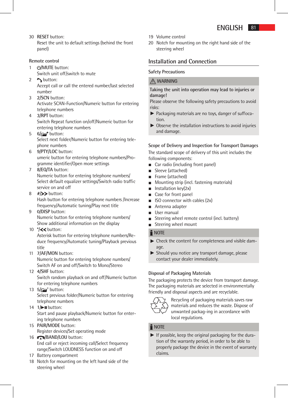 English, Installation and connection | AEG AR 4021 BT User Manual | Page 81 / 114