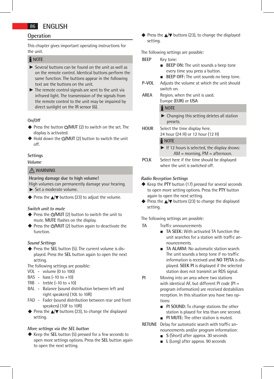 English, Operation | AEG AR 4021 BT User Manual | Page 86 / 114