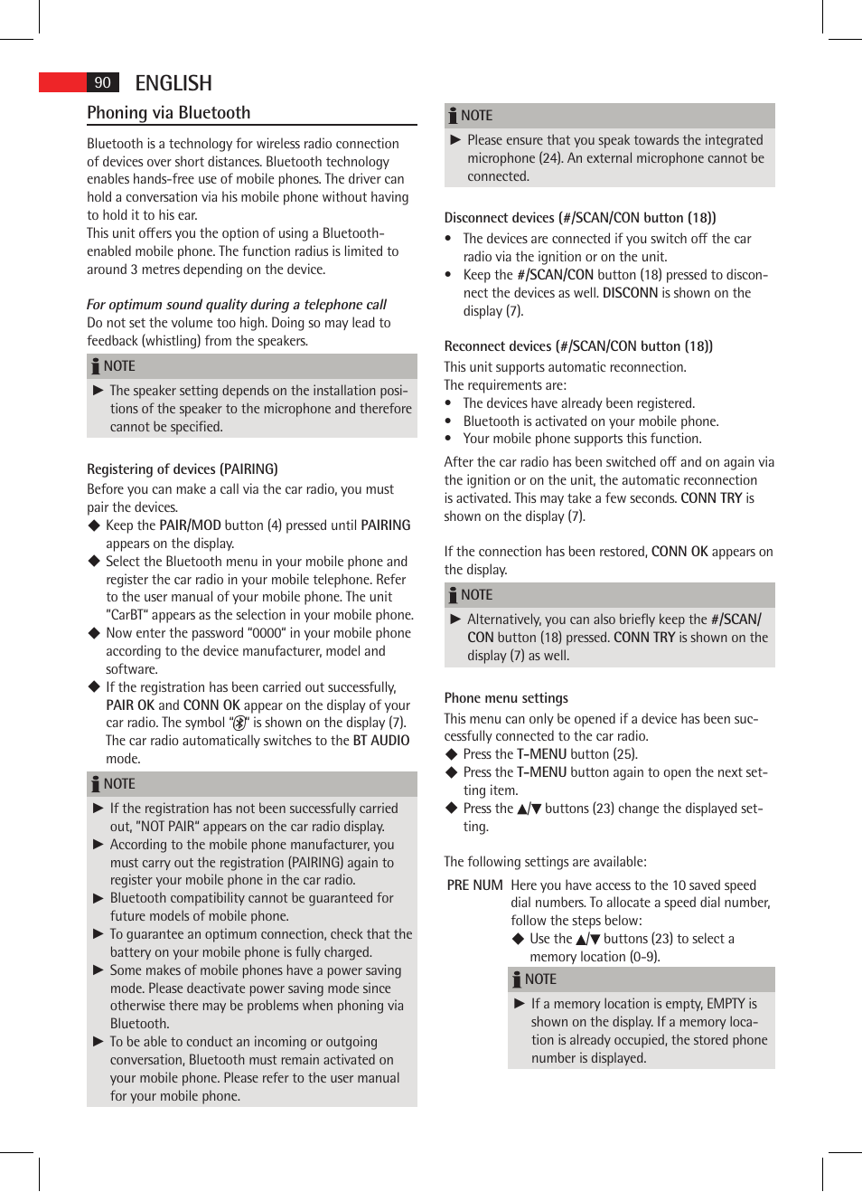 English, Phoning via bluetooth | AEG AR 4021 BT User Manual | Page 90 / 114