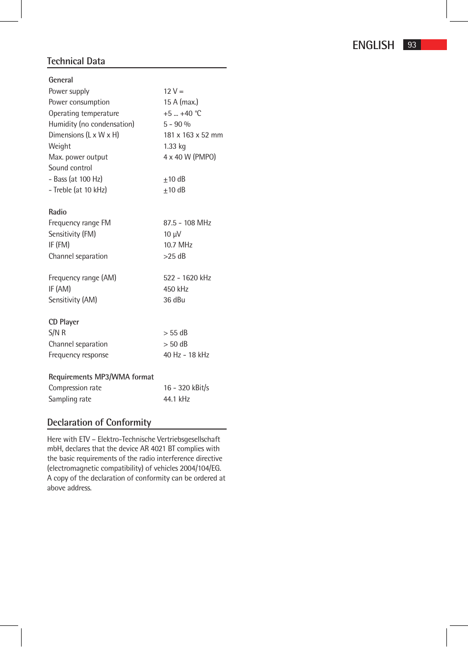 English, Technical data, Declaration of conformity | AEG AR 4021 BT User Manual | Page 93 / 114