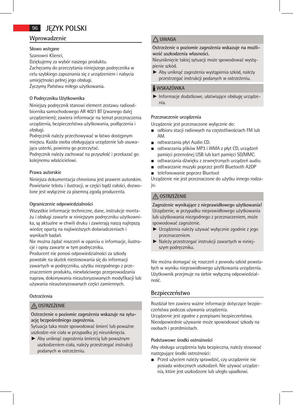 Język polski, Wprowadzenie, Bezpieczeństwo | AEG AR 4021 BT User Manual | Page 96 / 114