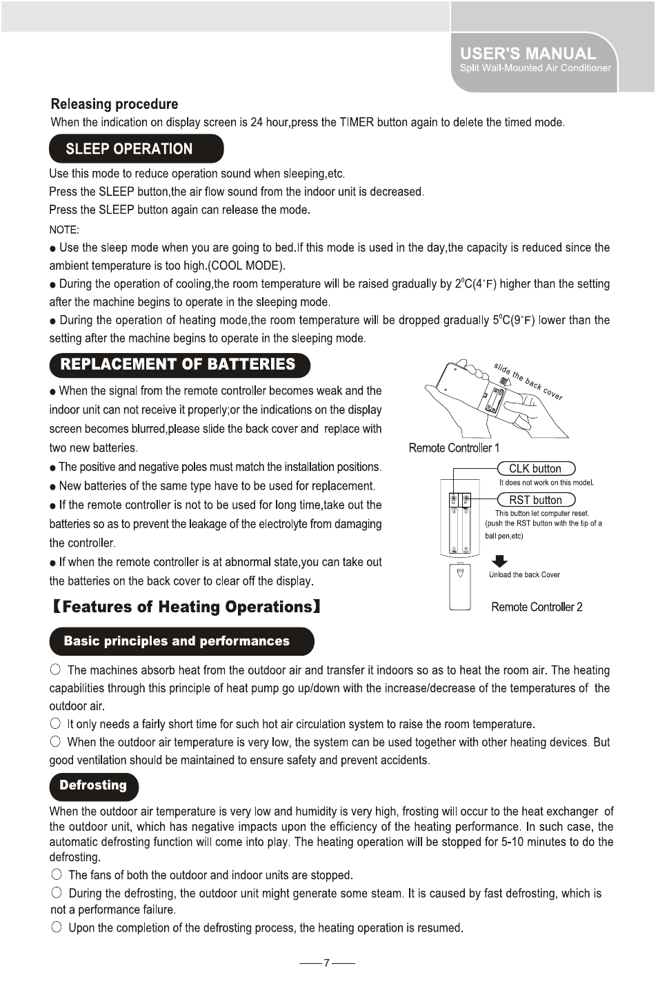 Releasing procedure, Sleep operation, Replacement of batteries | Features of heating operations, Basic principles and performances, User's manual | Amcor AWS240HR User Manual | Page 9 / 13