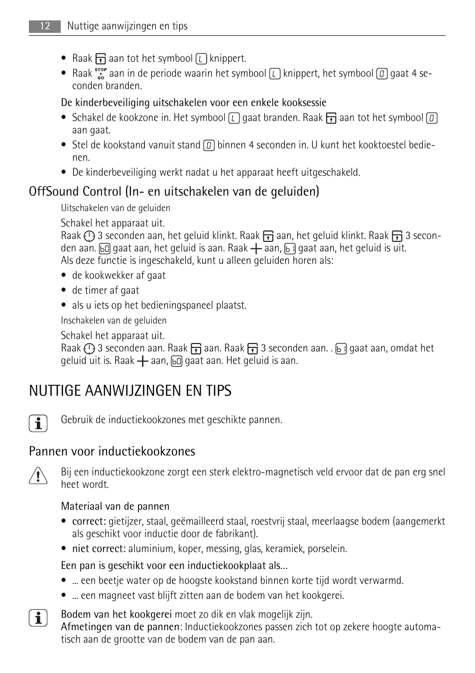 Nuttige aanwijzingen en tips, Pannen voor inductiekookzones | AEG HC652600EB User Manual | Page 12 / 60