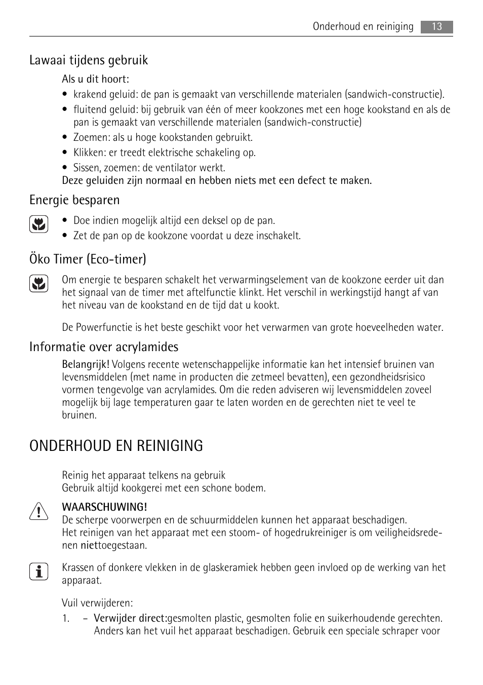 Onderhoud en reiniging, Lawaai tijdens gebruik, Energie besparen | Öko timer (eco-timer), Informatie over acrylamides | AEG HC652600EB User Manual | Page 13 / 60