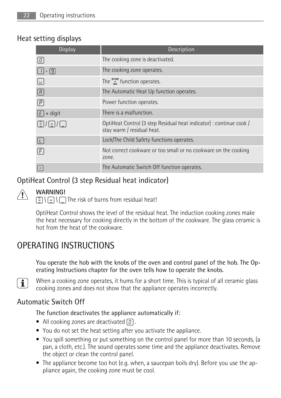 Operating instructions, Heat setting displays, Optiheat control (3 step residual heat indicator) | Automatic switch off | AEG HC652600EB User Manual | Page 22 / 60