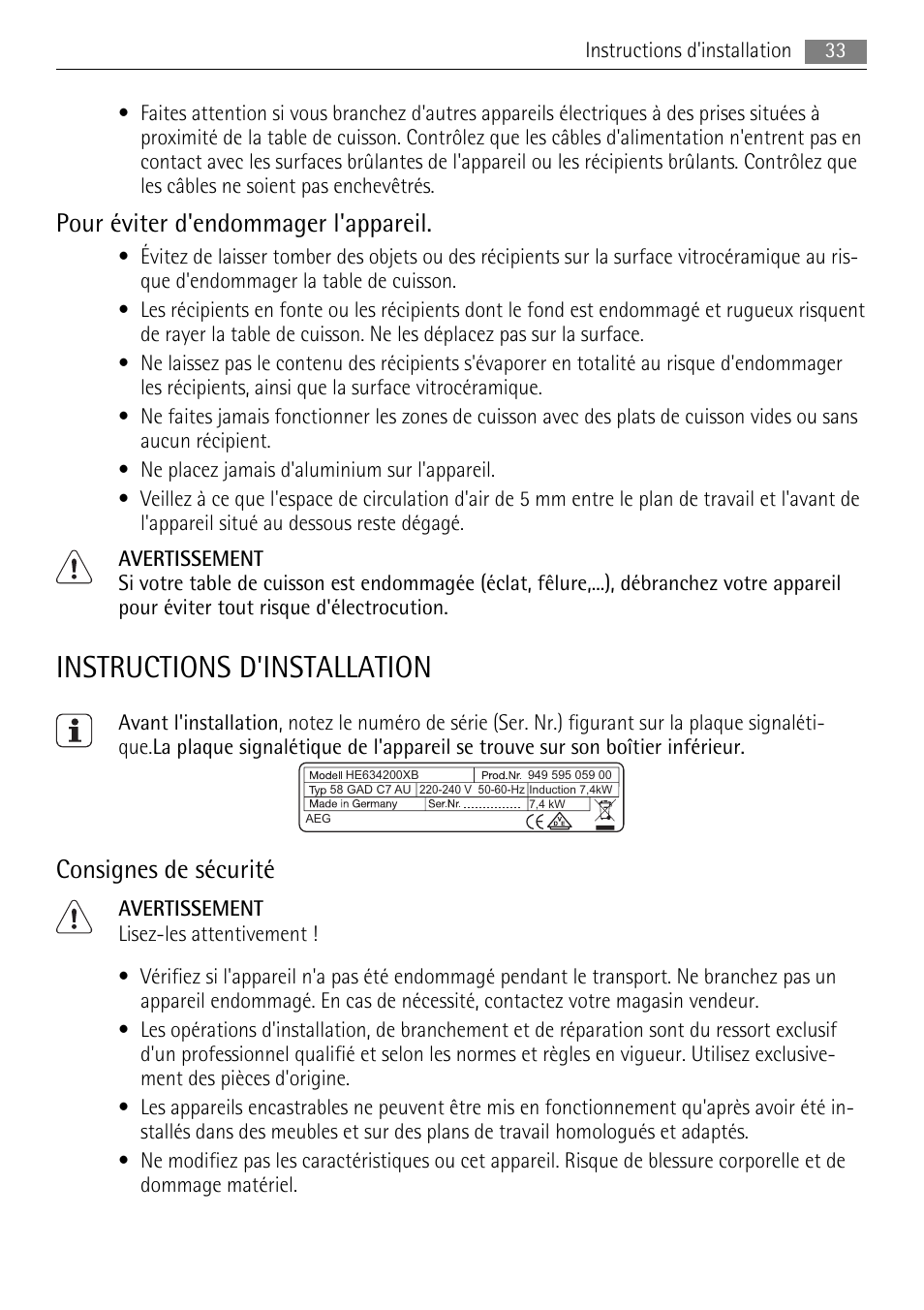 Instructions d'installation, Pour éviter d'endommager l'appareil, Consignes de sécurité | AEG HC652600EB User Manual | Page 33 / 60